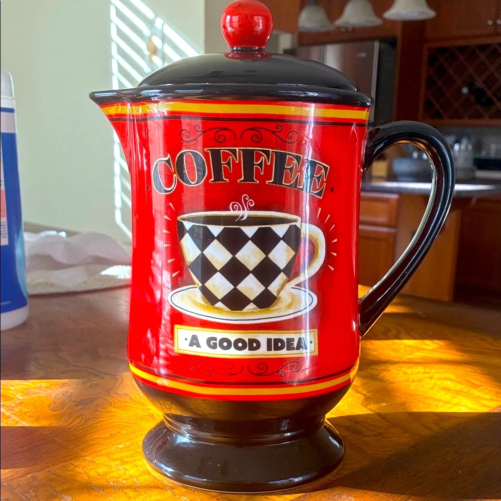 Vintage-Inspired Red and Black Coffee Pot with Checkered Design. “A Good Idea”